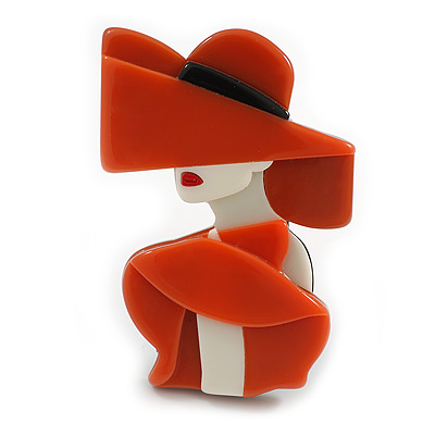 Large Elegant Lady in The Hat Plastic Brooch in Orange/Cream - 75mm Tall