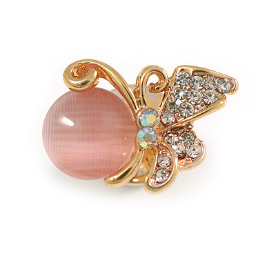 Tiny Light Pink Butterfly Pin Brooch In Gold Tone Metal - 22mm W