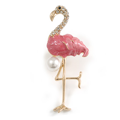Pink Enamel Crystal Flamingo Brooch in Gold Tone - 70mm Tall