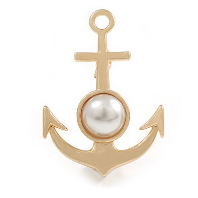 Gold Tone Anchor Brooch with White Faux Pearl Bead - 38mm Tall