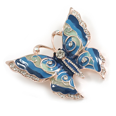 Crystal Enamel Butterfly Brooch in Blue Colours in Rose Gold Tone Metal - 50mm Across