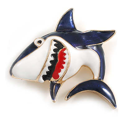 Dark Blue/White Enamel Shark Brooch in Gold Tone - 55mm Across