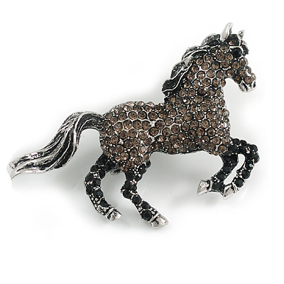 Pave Set Grey/Black Crystal Horse Brooch in Aged Silver Tone - 60mm Across