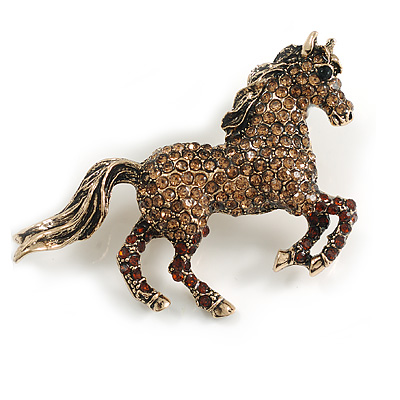 Pave Set Amber/Brown Crystal Horse Brooch in Aged Gold Tone - 60mm Across