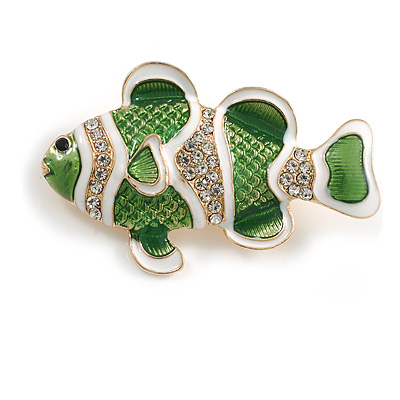 Lime Green Enamel Crystal Fish Brooch in Gold Tone - 50mm Across - main view