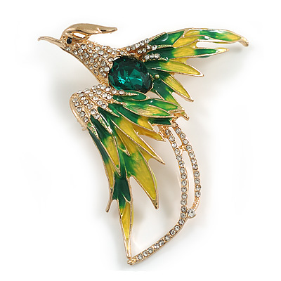 Yellow/ Green Crystal Exotic Bird Brooch in Gold Tone - 55mm Across