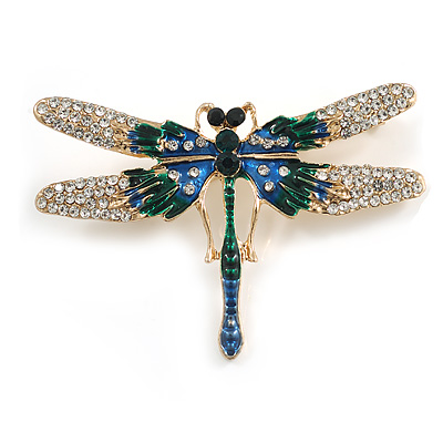 Blue/Green Enamel Crystal Dragonfly Brooch in Gold Tone - 60mm Across