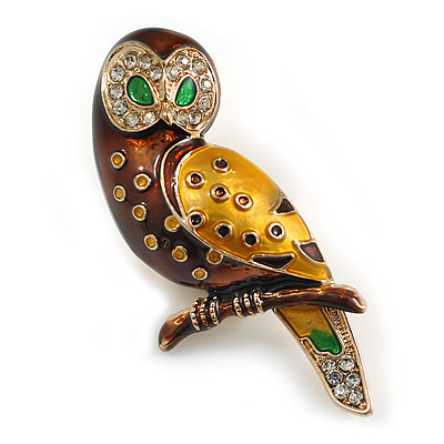 Brown/Yellow Enamel Crystal Owl Brooch in Gold Tone - 55mm Tall
