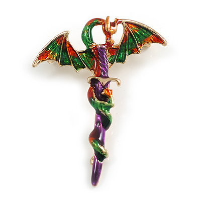 Multicoloured Enamel Gothic Dragon Sword Brooch in Gold Tone - 50mm Long
