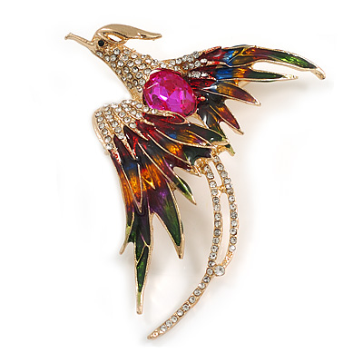 Multicoloured Crystal Exotic Bird Brooch in Gold Tone - 55mm Across