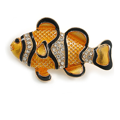 Gold Orange Enamel Crystal Fish Brooch in Gold Tone - 50mm Across