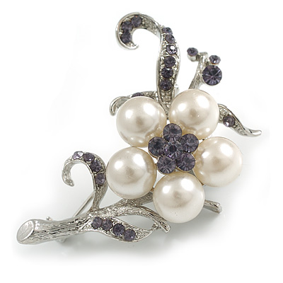Silver Tone White Simulated Pearl Lavender Purple Diamante Floral Brooch - 50mm Tall