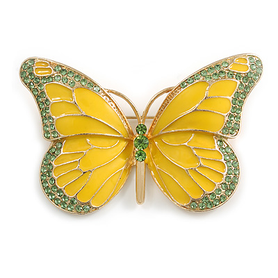 Yellow Enamel Grass Green Crystal Butterfly Brooch In Gold Tone - 65mm Across