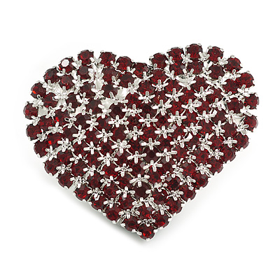 Ruby Red Diamante Heart Brooch in Silver Tone - 40mm Across