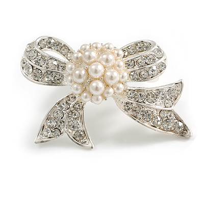 Clear Crystal White Faux Pearl Small Bow Brooch in Silver Tone - 45mm Across