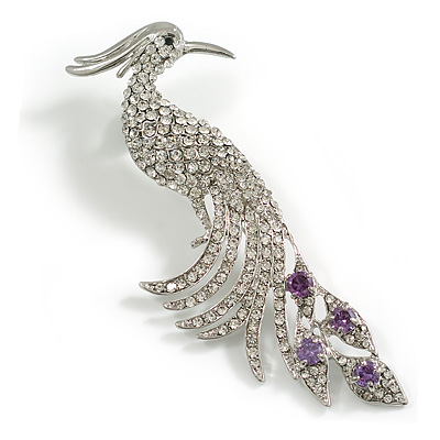 Oversized Clear/Purple Crystal Peacock Brooch in Silver Tone - 11cm Long - main view