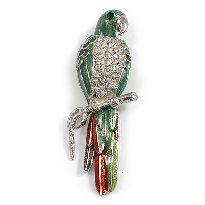Oversized Multicoloured Enamel Parrot Brooch In Silver Plated Metal - 10cm Long - main view