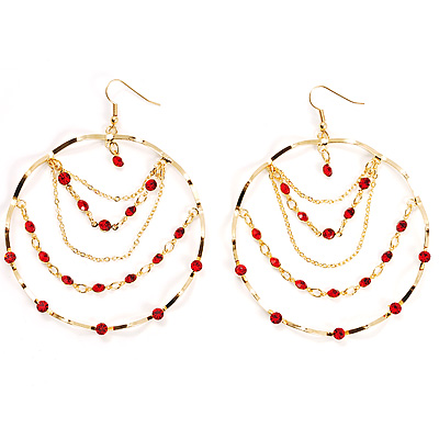 Gold Hot Red Serpentine Costume Hoop Earrings