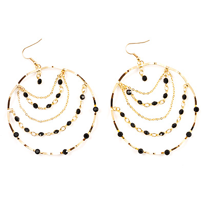 Gold Jet-Black Serpentine Costume Hoop Earrings