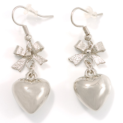 Silver Heart With Bow Drop Costume Earrings - main view