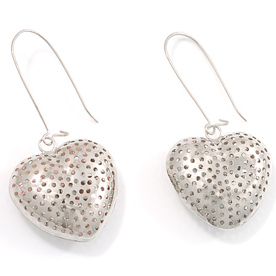 Silver Riddle Puffed Heart Drop Costume Earrings - main view