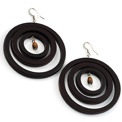 Dark-Brown Wooden Triple-Circle Hoop Earrings - 75mm Drop