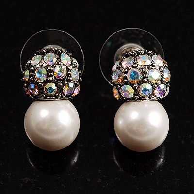 Small Crystal Faux Pearl Stud Earrings - main view
