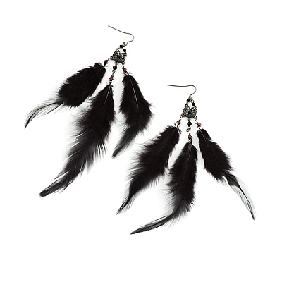 Boho Chic Black Feather Long Earrings - main view