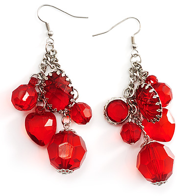 Red Plastic Faceted Bead Dangle Earrings