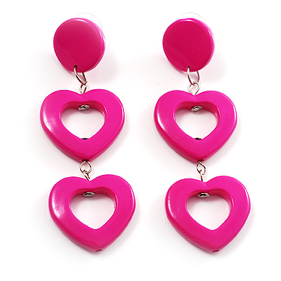 Funky Plastic Drop Heart Earrings (Neon Pink) - main view