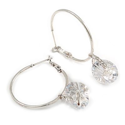Silver Tone Hoop Earrings With Dangle CZ  Crystal (3cm Diameter) - main view