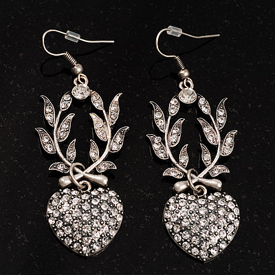 Antique Silver Heart Crystal Drop Fashion Earrings