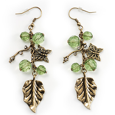 Antique Gold Leaf&Butterfly Dangle Earrings (Green) - main view