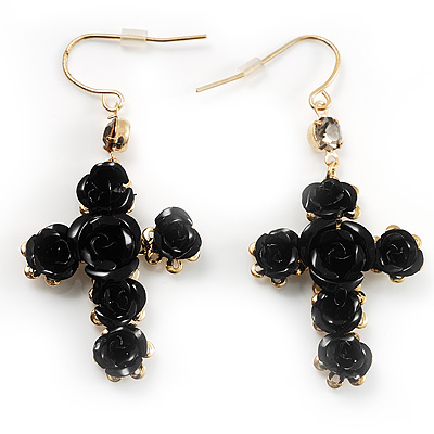 Gold-Tone Rose Cross Fashion Earrings (Black) - main view
