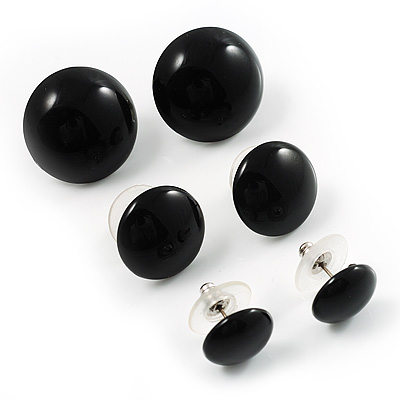 Set Of 3 Black Button Shaped Stud Earrings (22mm, 17mm, 13mm) - main view