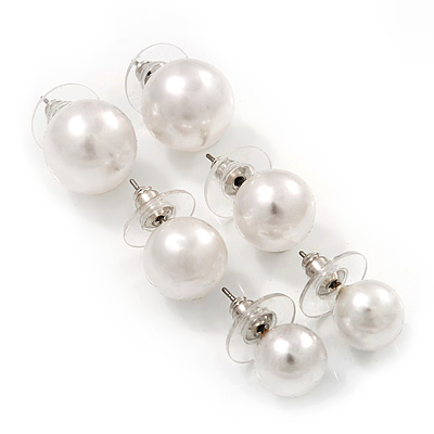 Set of 3 Snow White Faux Pearl Stud Earrings (15mm,12mm, 10mm) - main view