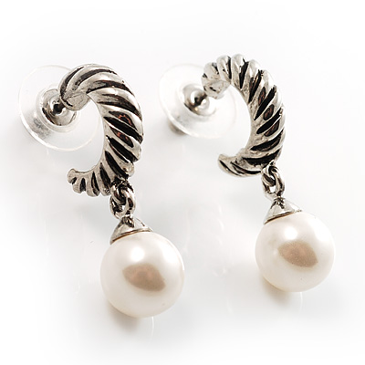 Antique Silver Twisted Faux Pearl Hoop Earrings - main view