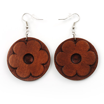 Round Wood Floral Dangle Earrings (Brown) - main view