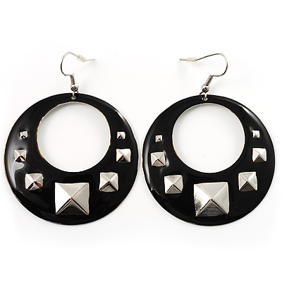 Black Metal Studded Hoop Drop Earrings - main view