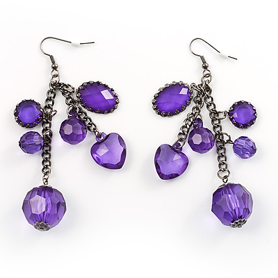 Purple Plastic Faceted Bead Dangle Earrings - main view