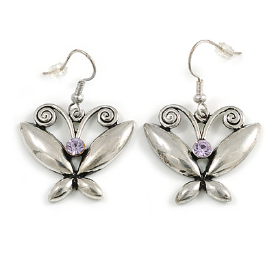 Vintage Silver Tone Butterfly Drop Earrings - main view