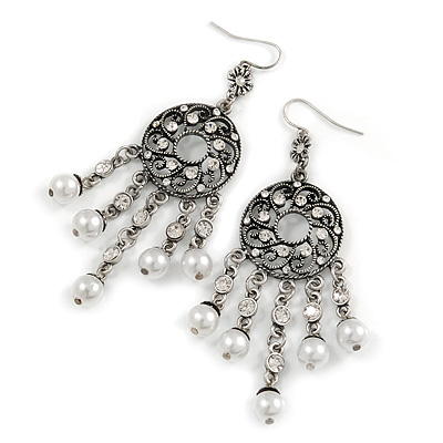 Marcasite Ornate Faux Pearl Chandelier Earrings (Antique Silver Tone) - 9cm Length - main view
