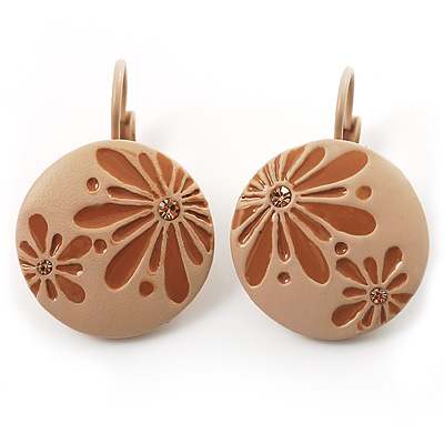 Small Round Floral Crystal Drop Earrings (Beige&Cream) - main view