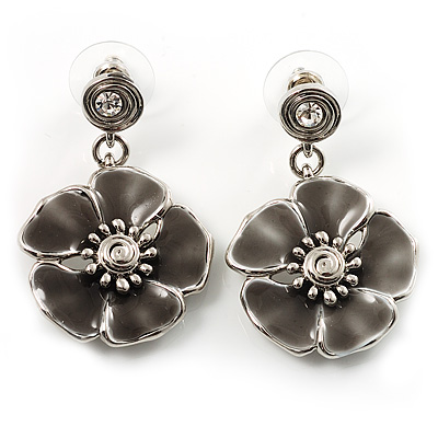 Grey Enamel Flower Drop Earrings - main view