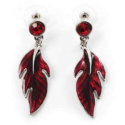 Red Enamel Crystal Leaf Drop Earrings - main view