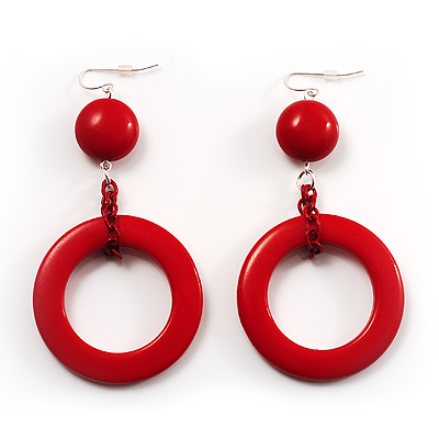 Red Long Plastic Drop Hoop Earrings - main view