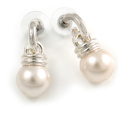 Silver Tone White Glass Bead Drop Earrings - main view