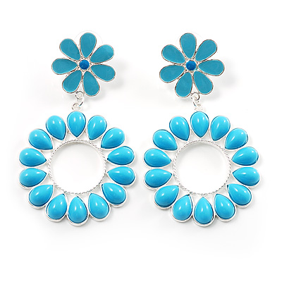 Oversized Turquoise Coloured Acrylic Drop Floral Earrings (Silver Tone) - main view