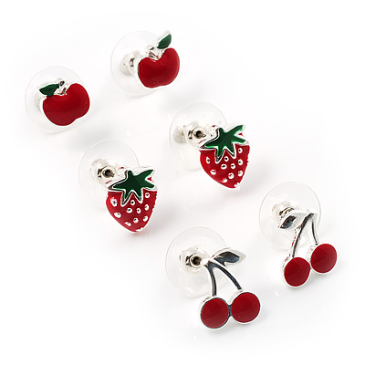 Silver-Tone Fruity Stud Earring Set (Apple, Strawberry & Cherry) - main view