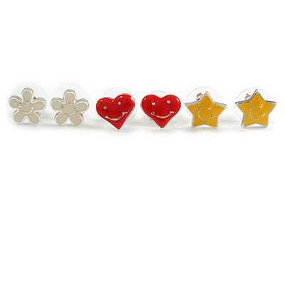 Silver-Tone Heart, Daisy & Star Stud Earring Set - main view